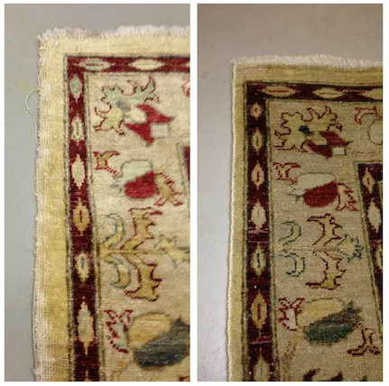 Side-by-side before and after of a frayed rug edge rebuilt and re-serged