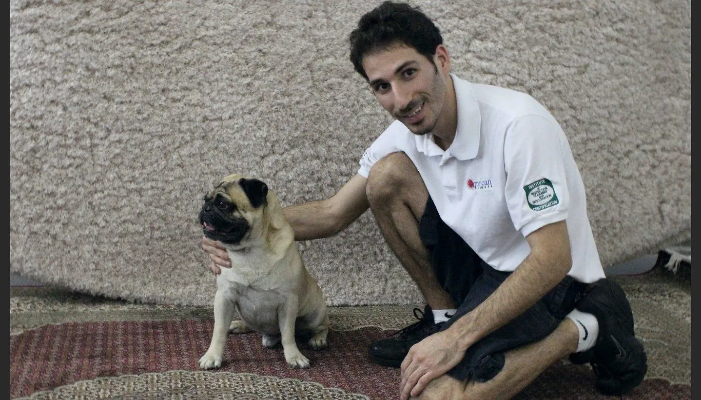 Rug technician with a pug in front of rugs hanging at the Fort Lauderdale shop